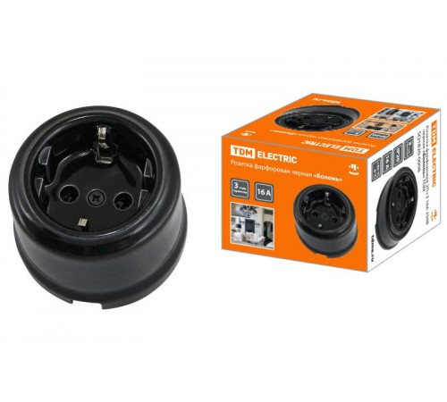 Розетка фарфоровая 2П+З 16А 250В черная "Болонь"  SQ1820-0008  TDM