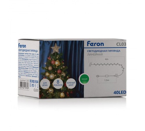 Светодиодная гирлянда CL03 линейная 4м +1.5м 230V зеленый c питанием от сети  32292  Feron