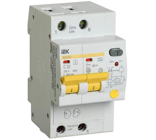 Выключатель автоматический дифференциального тока АД12MS 2п 32А C 300мА тип A (3 мод)  MAD123-2-032-C-300  IEK
