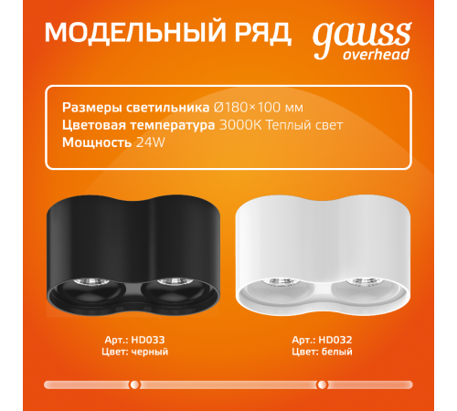 Светильник светодиодный накладной HD033 24W (черный/черный) 3000K 180x100*100мм  HD033  Gauss