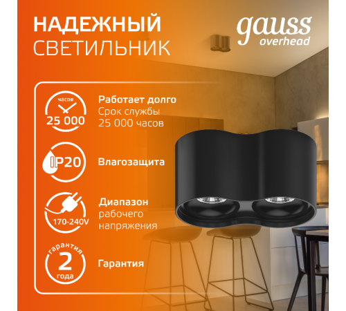 Светильник светодиодный накладной HD033 24W (черный/черный) 3000K 180x100*100мм  HD033  Gauss