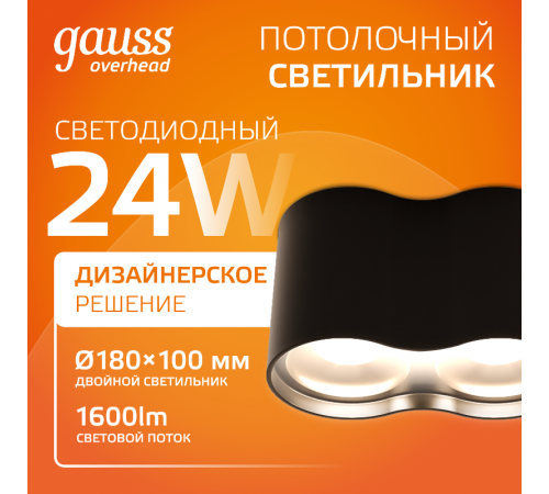 Светильник светодиодный накладной HD033 24W (черный/черный) 3000K 180x100*100мм  HD033  Gauss