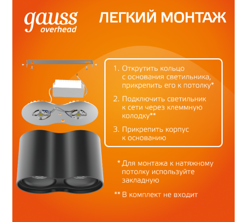 Светильник светодиодный накладной HD033 24W (черный/черный) 3000K 180x100*100мм  HD033  Gauss