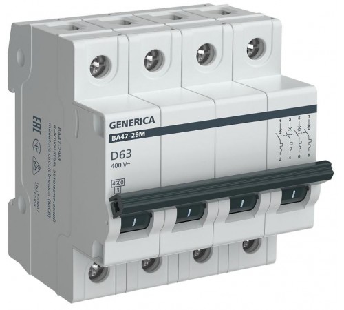 Выключатель автоматический четырёхполюсный ВА47-29М 4P 63А 4,5кА D MVA21-4-063-D-G GENERICA