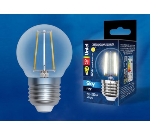 Лампа светодиодная LED-G45-9W/3000K/E27/CL PLS02WH LED. "шар", прозр. 3000К Серия Sky.  UL-00005174  Uniel