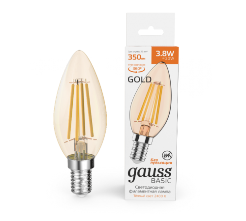 Лампа светодиодная   Basic Filament Свеча 3,8W 350lm 2400К Е14 golden LED 1/10/50  1037154  Gauss