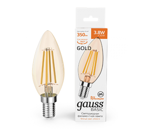 Лампа светодиодная   Basic Filament Свеча 3,8W 350lm 2400К Е14 golden LED 1/10/50  1037154  Gauss