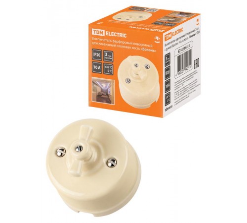 Выключатель фарфоровый поворотный 2-кл. с ручкой (бантик) 10А сл. кость "Болонь"  SQ1820-0313  TDM