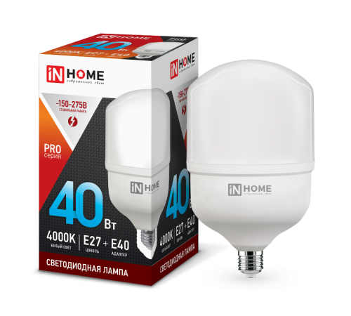 Лампа светодиодная промышленная LED-HP-PRO 40Вт 230В Е27 с адаптером E40 4000К 3600Лм  4690612031095  IN HOME