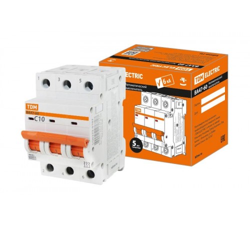 Выключатель автоматический трехполюсный ВА47-60 3Р 10А 6кА х-ка С  SQ0223-0107  TDM