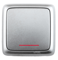 Выключатель открытой установки, одноклавишный, с индикацией, с изолирующей пластиной, цвет серебро  ВА10-114-06  HEGEL