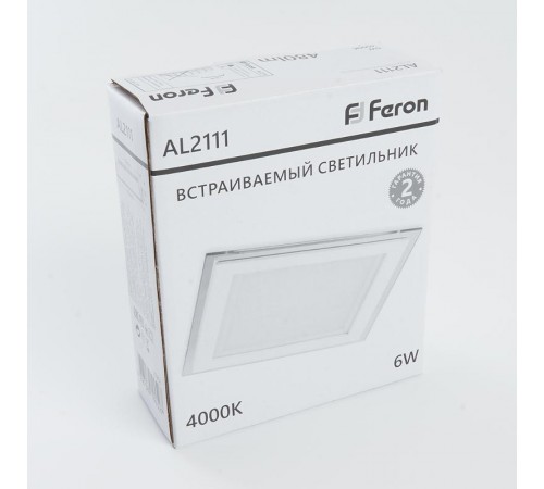 Светильник светодиодный встраиваемый квадратный AL2111, 6W, 480Lm, 4000K, белый  27853  FERON