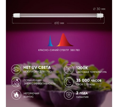 Лампа светодиодная Т8 фито для растений 9Вт G13 красно-синий спектр ЭРА FITO-9W-RB-Т8-G13-NL  Б0042986  ЭРА