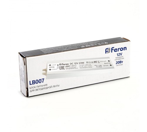 Трансформатор электронный для светодиодной ленты 20W 12V IP67 (драйвер), LB007 FERON  48052  FERON