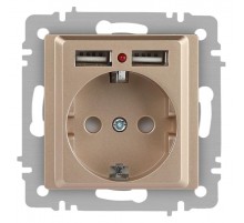 Розетка Intro Accent 6-410-04 , P+E Schuko со шторками, 16А-250В + 2хUSB, IP20, СУ, шампань  Б0063696  Intro