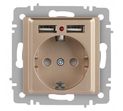 Розетка Intro Accent 6-410-04 , P+E Schuko со шторками, 16А-250В + 2хUSB, IP20, СУ, шампань  Б0063696  Intro