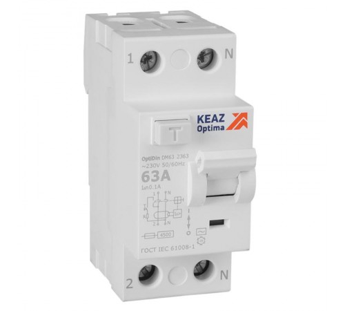 Выключатель дифференциального токаOptiDin DM63-2363-AC-4,5-УХЛ4 (2P, 63, 100mA)  343896  КЭАЗ