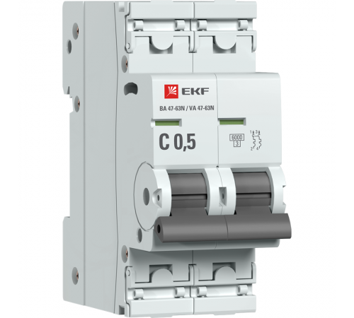 Выключатель автоматический двухполюсный 0,5А (C) 6кА ВА 47-63N PROxima M63620T5C  EKF