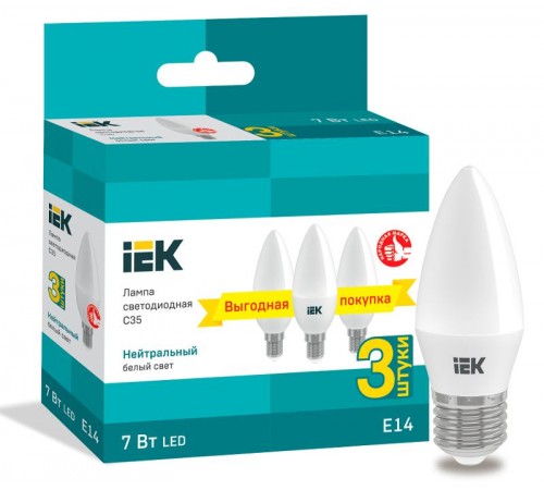 Лампа светодиодная LED C35 свеча 7Вт 230В 4000К E14 (3шт/упак)  LLE-C35-07-230-40-E14-3  IEK