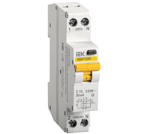 Выключатель автоматический дифференциального тока АВДТ32М 1п+N 10А C 30мА тип AC (1 мод)  MAD32-5-010-C-30  IEK