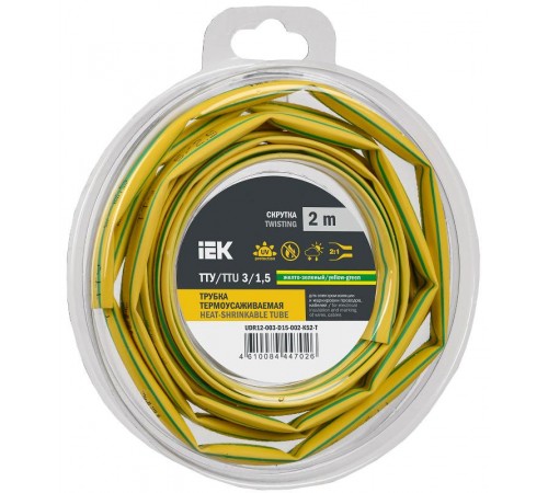 Трубка термоусадочная ТТУ нг-LS 3/1,5 жел-зел. (2м/упак) IEK  UDR12-003-D15-002-K52-T  IEK