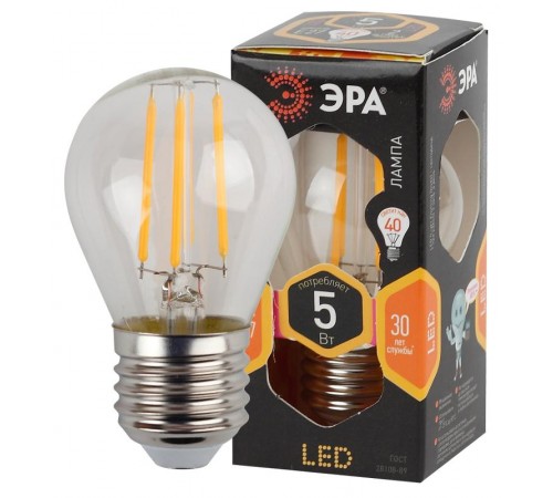 Лампа светодиодная F-LED P45-5W-827-E27 (филамент, шар, 5Вт, тепл, E27)  Б0043438  ЭРА