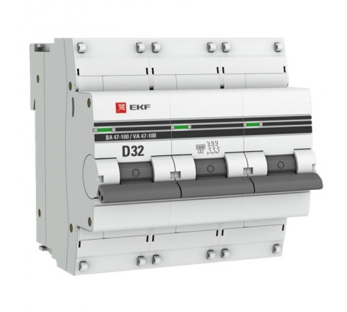 Выключатель автоматический трехполюсный ВА 47-100 32А D 10кА PROxima  mcb47100-3-32D-pro  EKF