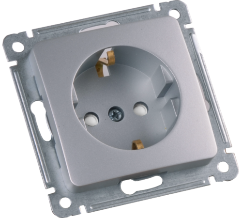 Розетка скрытой установки, одноместная, с заземляющим контактом, со шторкой, механизм, цвет серебро  РС16-412-06  HEGEL