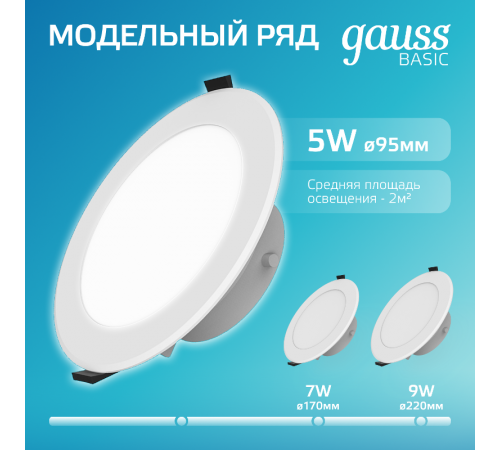 Светильник  Basic Downlight круг 5W 400lm 4000K 185-250V IP54 90*44 белый LED 1/40  9033420205  Gauss