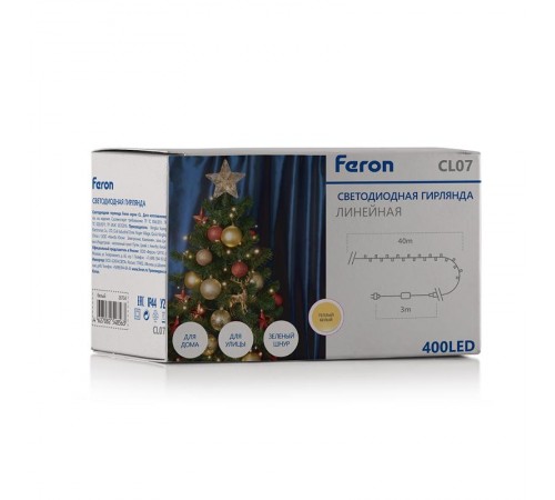 Гирлянда-нить CL07  400 диодов  5000K, 40м + 3м зеленый шнур, IP44  26734  FERON
