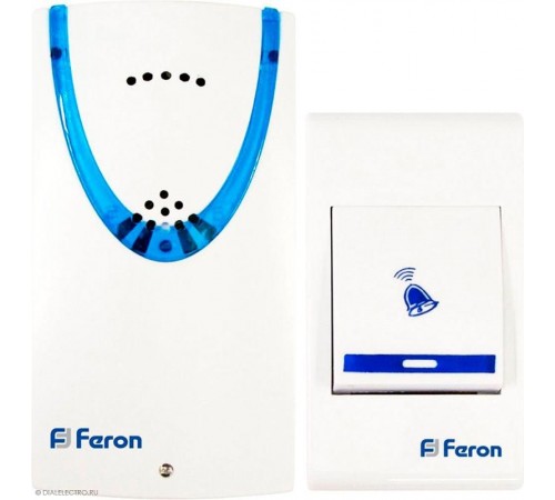 Звонок электрический дверной беспроводной E-222 (DB605) звонок (кнопка IP20) 32 мелодии, 2*1,5V/АА, белый, синий  23678  FERON