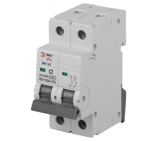Автоматический выключатель PRO VA63-2P02C4.5 ВА47-63 2P 2А кривая C 4,5кА   Б0059414  ЭРА