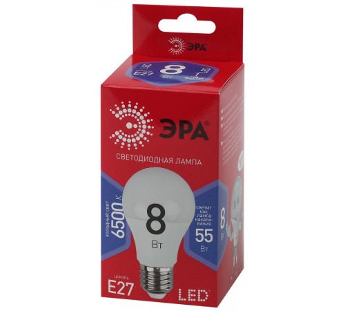 Лампа светодиодная ЭКО LED A60-8W-865-E27 R (диод, груша, 8Вт, хол, E27)  Б0045323  ЭРА