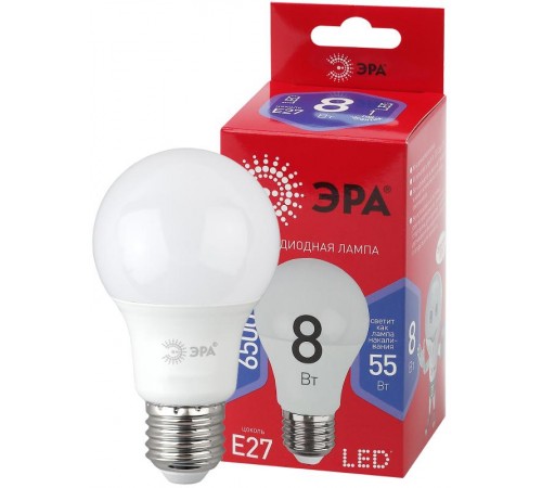 Лампа светодиодная ЭКО LED A60-8W-865-E27 R (диод, груша, 8Вт, хол, E27)  Б0045323  ЭРА