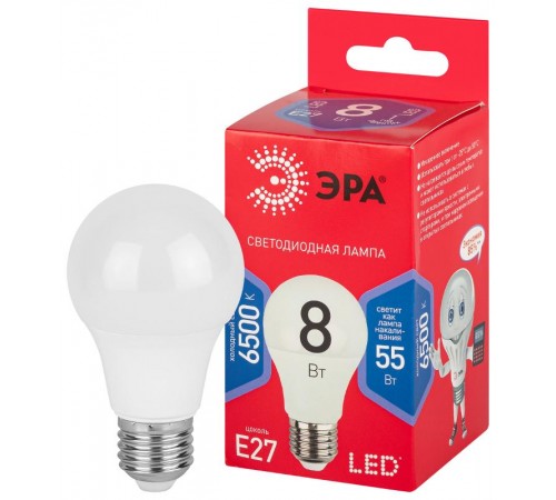 Лампа светодиодная ЭКО LED A60-8W-865-E27 R (диод, груша, 8Вт, хол, E27)  Б0045323  ЭРА