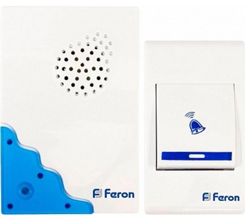 Звонок электрический дверной беспроводной E-223 (DB606) звонок (кнопка IP20) 32 мелодии, 2*1,5V/АА, белый, синий  23679  FERON
