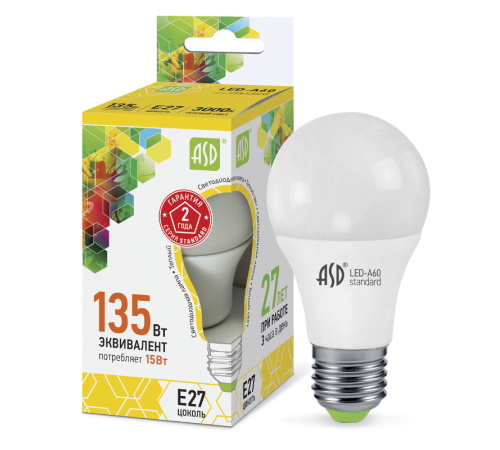 Лампа светодиодная LED-A60-standard 15Вт 230В Е27 3000К 1350Лм  4690612002088  ASD