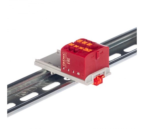 Блок распределительный с верт. адаптером на рейки  15/35мм, зажим push-in, 1 ввод 6 кв.мм, 6  подкл. 2,5 кв.мм, красный  DTP1-106-104SPUR-V  DKC