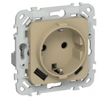 FLITE Розетка с заземлением со шторками 16А с USB A+C 20Вт быстрозажимные клеммы РСЮшс11-1-ФлХ хаки  FI-R14-16-1-U22-020-K59  IEK