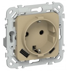 FLITE Розетка с заземлением со шторками 16А с USB A+C 20Вт быстрозажимные клеммы РСЮшс11-1-ФлХ хаки  FI-R14-16-1-U22-020-K59  IEK