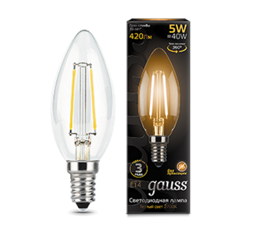 Лампа светодиодная LED 5Вт E14 220В 2700К свеча  103801105  Gauss