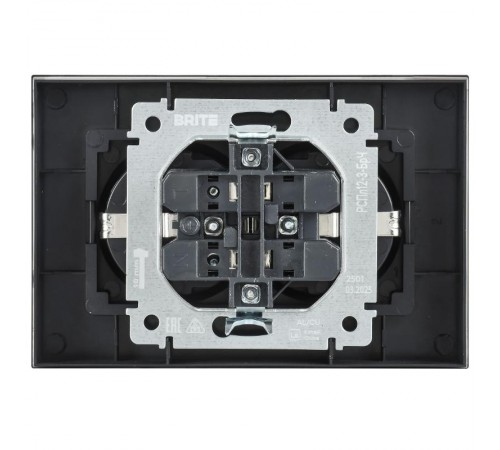 BRITE Розетка 2-местная с заземлением без защитных шторок плоская 16А в сборе РСПл12-3-БрЧ черный   BR-R27-16-K02-F  IEK