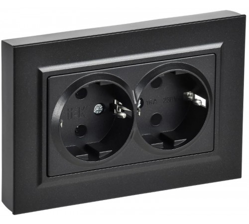 BRITE Розетка 2-местная с заземлением без защитных шторок плоская 16А в сборе РСПл12-3-БрЧ черный   BR-R27-16-K02-F  IEK