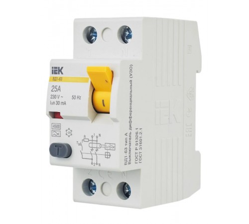 Выключатель дифференциальный (УЗО) ВД1-63 2п 25А 30мА тип A  MDV11-2-025-030  IEK