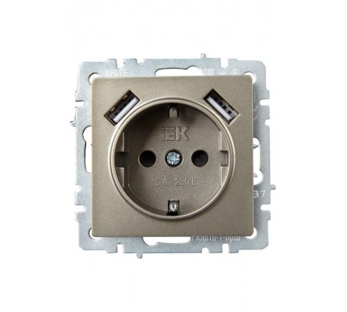 BRITE Розетка с заземлением со шторками 16А с USB A+A 2,1А РЮш10-1-БрШ шампань  BR-R14-16-U21-D21-K37  IEK