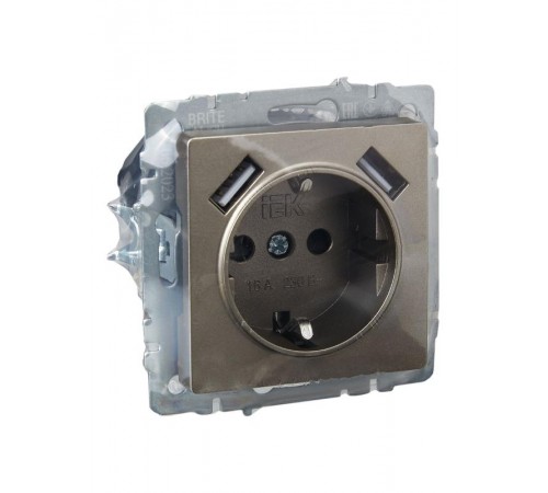 BRITE Розетка с заземлением со шторками 16А с USB A+A 2,1А РЮш10-1-БрШ шампань  BR-R14-16-U21-D21-K37  IEK