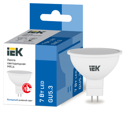 Лампа светодиодная LED 7Вт GU5.3 230В 6500К ECO MR16 софит  LLE-MR16-7-230-65-GU5  IEK