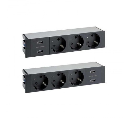 Двухсторонний врезной x8 розеточный блок, планка, 6x2P+E, 4xUSB з/у, черный, S400  47423000-138  Simon