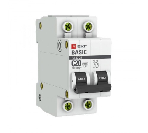 Выключатель автоматический двухполюсный ВА 47-29 20А C 4,5кА Basic  mcb4729-2-20C  EKF