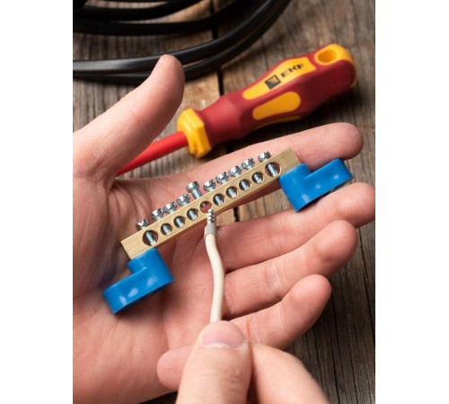 Шина "0" N (6х9мм) 10 отверстий латунь 2 синих угловых изолятора EKF PROxima  sn0-2-63-10  EKF